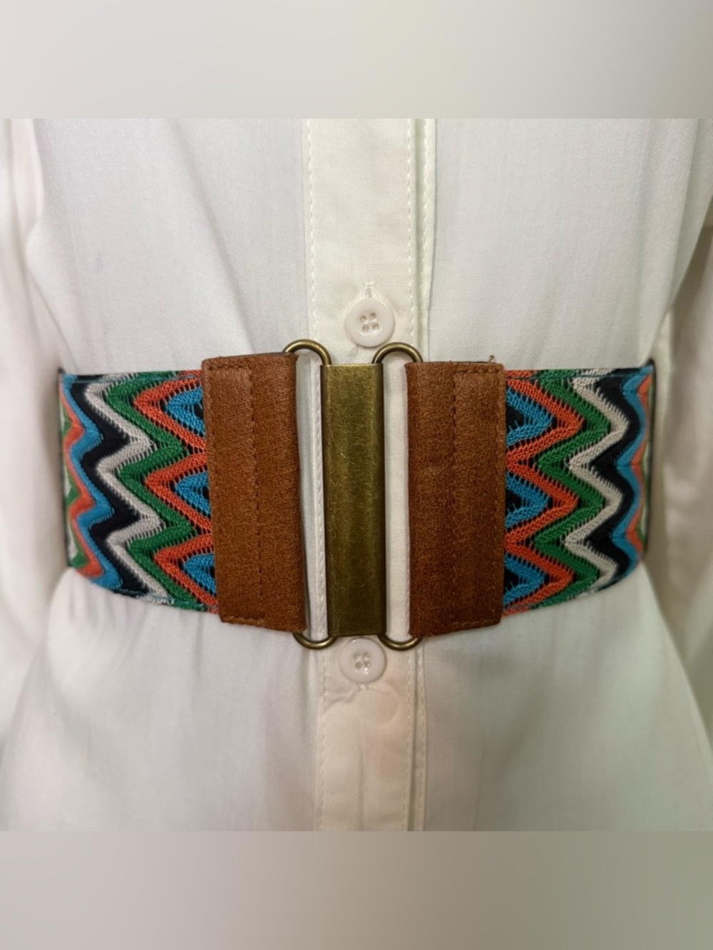 Brown multi color PU leather elastic waistband belt